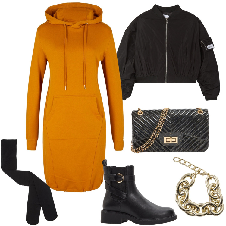 Outfit donna - Arancione a ottobre. Stile Casual chic per Tutti i giorni. Abbinamento con vestiti, stivaletti chelsea, bomber, collant, borse a tracolla, braccialetti.