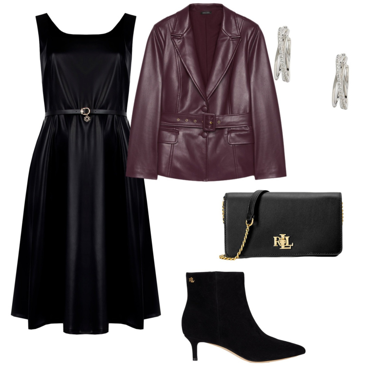 Outfit donna - Serata tra amiche. per Serata fuori. Abbinamento con vestiti midi/longuette, stivaletti, borse a mano, orecchini, blazer.