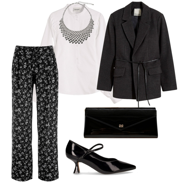 Outfit donna - Serata tra amiche. per Serata fuori. Abbinamento con pantaloni a palazzo, camicie, blazer, pochette, collane, décolleté.