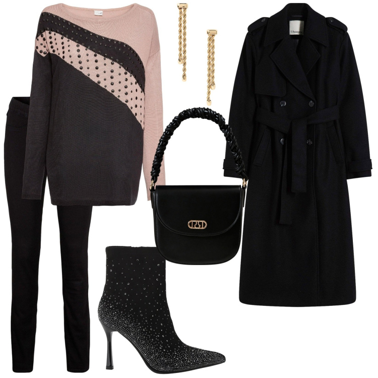 Outfit donna - Serata tra amiche. per Serata fuori. Abbinamento con maglieria, jeggings, trench, borse a mano, stivaletti, orecchini.