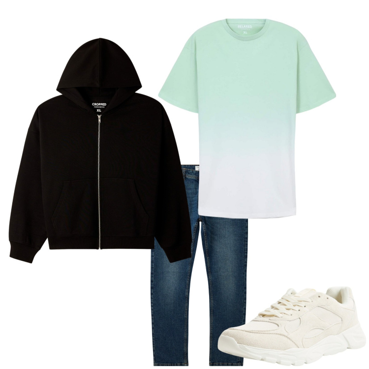 Outfit uomo - Total look #2265095. Stile Casual per Tutti i giorni. Abbinamento con jeans, sneakers, t-shirt, felpe con cappuccio.