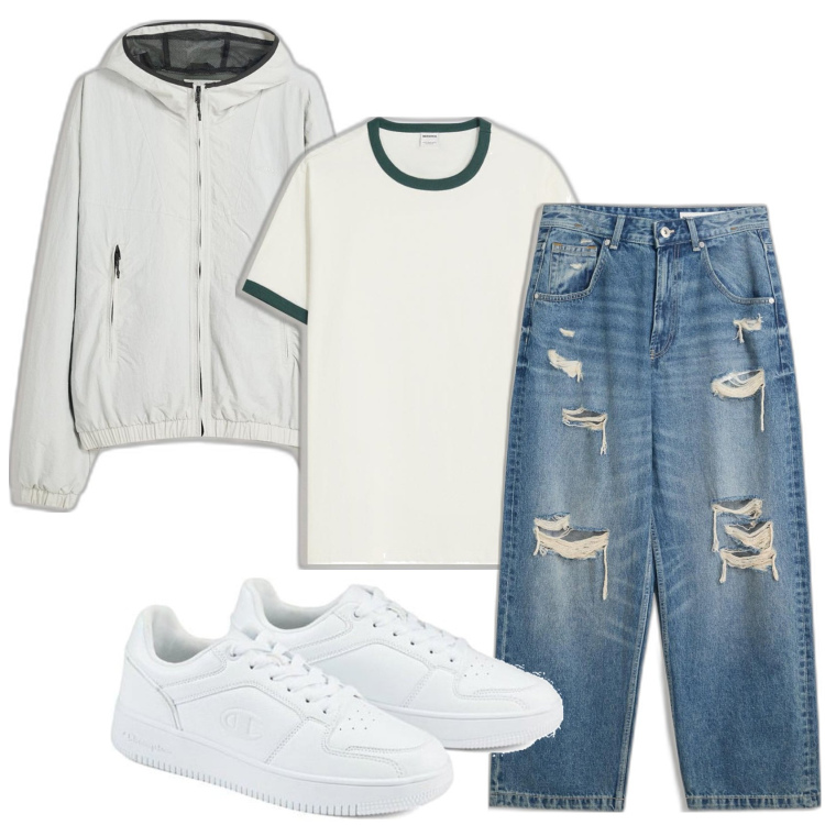 Outfit hombre - Casual look. Estilo Casual para Todos los días. Combinación con chaquetas, vaqueros rotos, camiseta, sneakers.