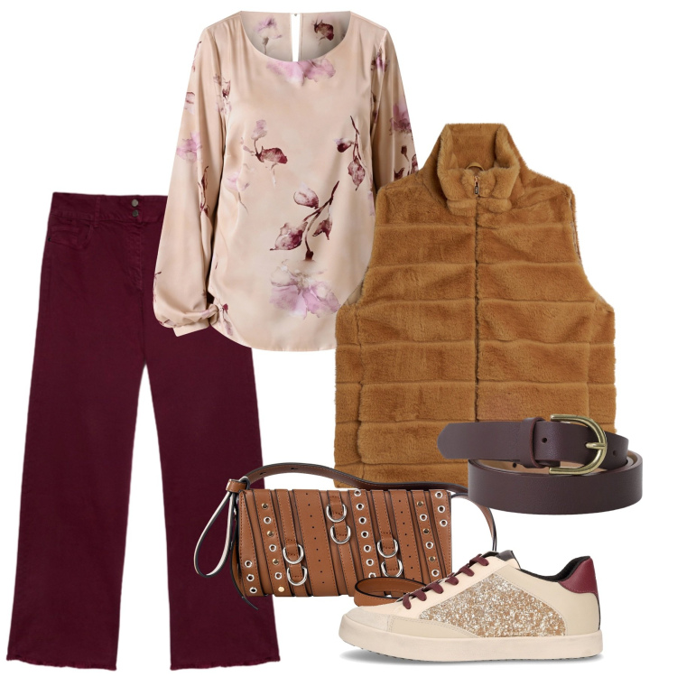 Outfit donna - Passeggiata tra le foglie. Stile Bon Ton per Tutti i giorni. Abbinamento con borse a spalla, bluse, cinture, gilet, jeans dritti, sneakers.