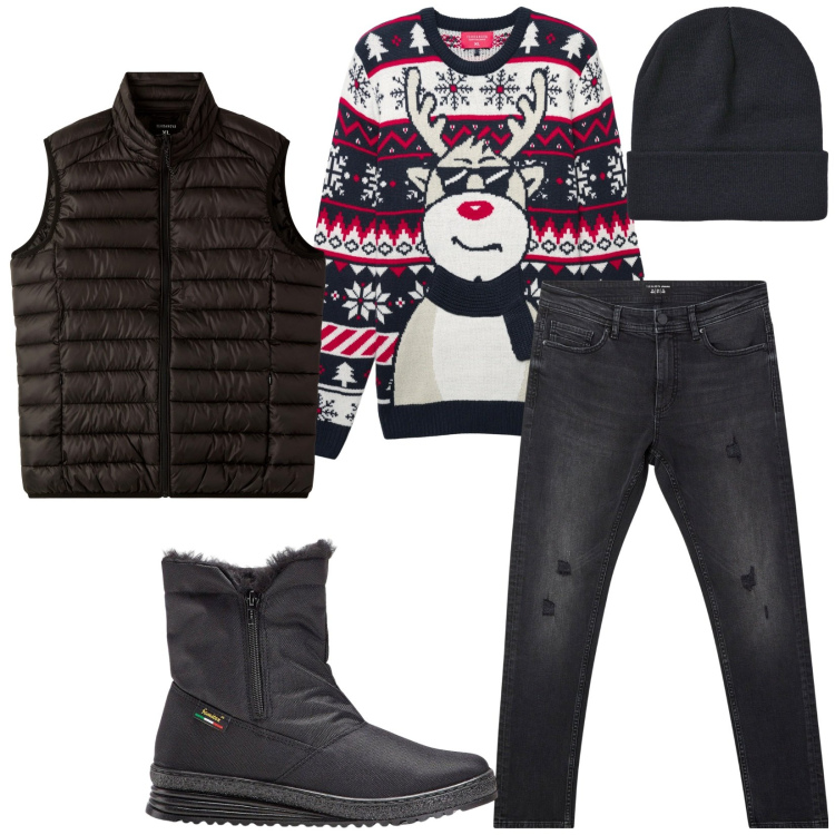 Outfit uomo - Total look #2265099. Stile Casual per Tutti i giorni. Abbinamento con stivali e stivaletti, jeans strappati, berretti, piumini, maglieria.