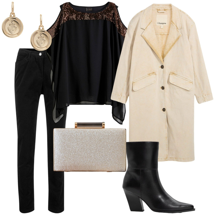 Outfit donna - Serata tra amiche. per Serata fuori. Abbinamento con trench, pantaloni, tuniche, stivaletti, clutch, orecchini.