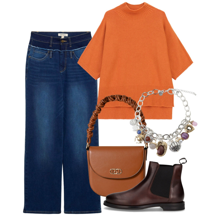 Outfit donna - Arancione a ottobre - @susystyle. Stile Casual per Tutti i giorni. Abbinamento con jeans dritti, borse a mano, maglieria, braccialetti con ciondoli, stivaletti chelsea.