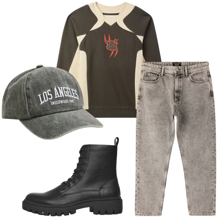 Outfit uomo - Total look #2265103. Stile Trendy per Tutti i giorni. Abbinamento con cappelli con visiera, felpe, anfibi, jeans dritti.