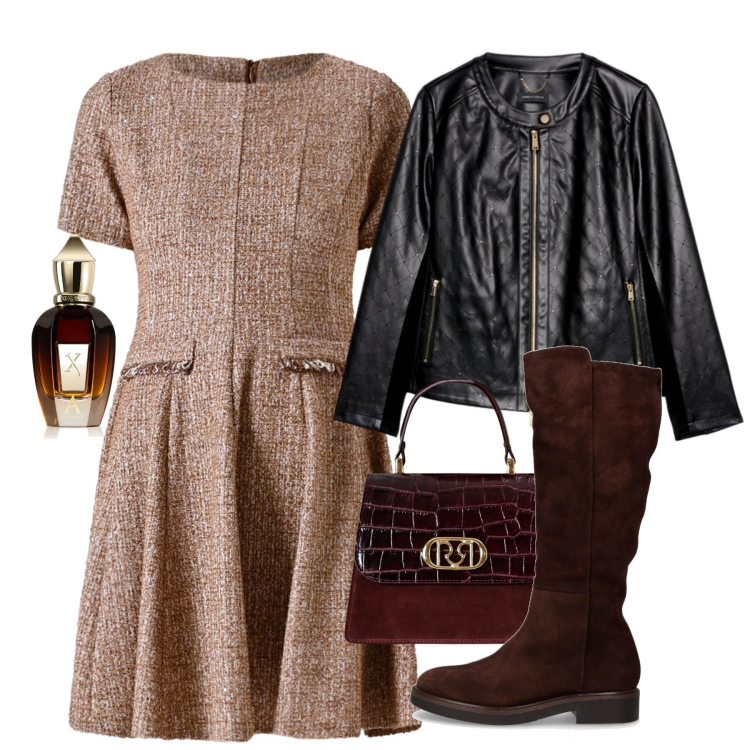 Outfit donna - Bon ton e tocco rock. Stile Bon Ton per Ufficio. Abbinamento con profumi, vestiti corti, borse a mano, stivali, giacche.