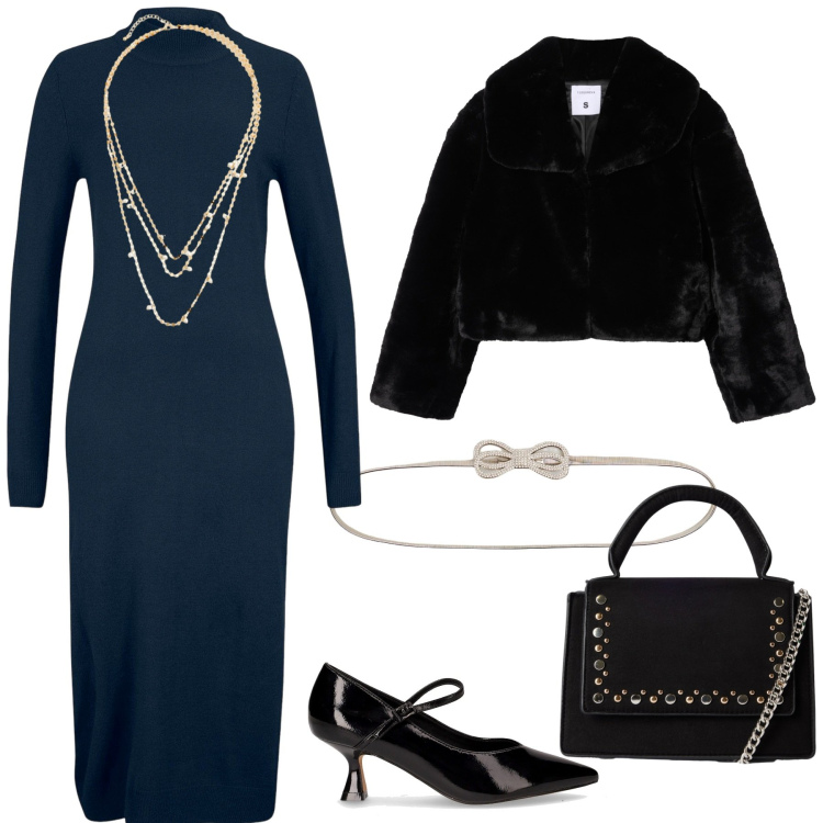 Outfit donna - Serata con gli amici. Stile Chic per Serata fuori. Abbinamento con collane, vestiti, cinture, borse a tracolla, ecopellicce, décolleté.