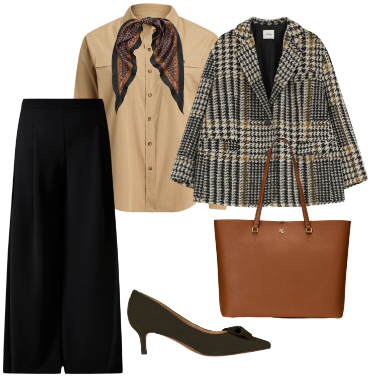 Outfit donna - La giacca in lana. per Ufficio. Abbinamento con blazer, pantaloni a palazzo, borse tote, décolleté, camicie, foulard.