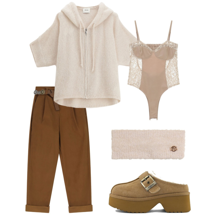 Outfit donna - Total look #2265118. Stile Sporty chic per Tutti i giorni. Abbinamento con cardigans, pantaloni, body, fasce per capelli, sabot.