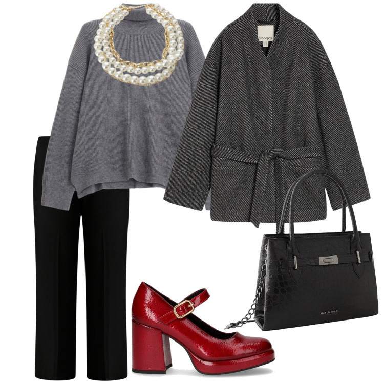 Outfit donna - La giacca in lana. per Tutti i giorni. Abbinamento con blazer, borse a mano, maglieria, collane, pantaloni a palazzo, décolleté.