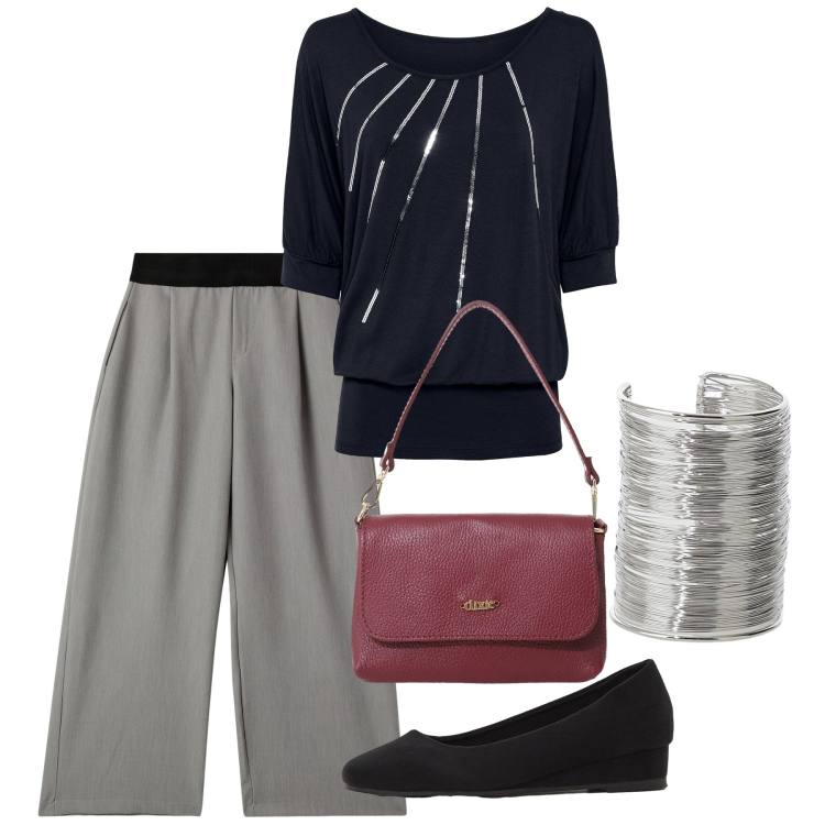 Outfit donna - Serata con gli amici. Stile Chic per Serata fuori. Abbinamento con décolleté, maglieria, pantaloni, braccialetti, borse a tracolla.