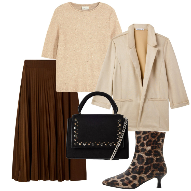 Outfit donna - Serata con gli amici. Stile Chic per Serata fuori. Abbinamento con stivaletti, maglieria, gonne lunghe, blazer, borse a tracolla.