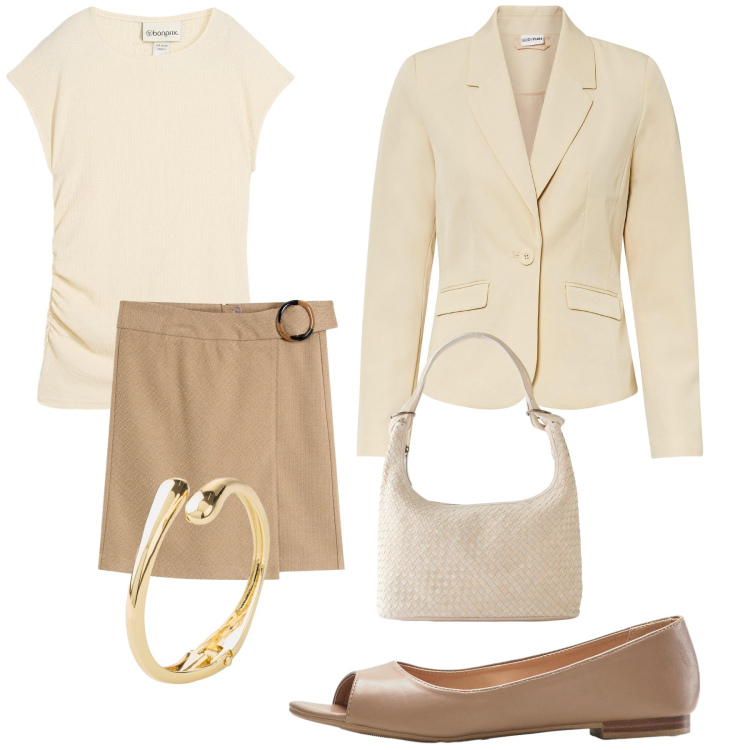 Outfit donna - Total look #2265124. Stile Glamour per Ufficio. Abbinamento con gonne, blazer, top, braccialetti, shopping bag, ballerine.