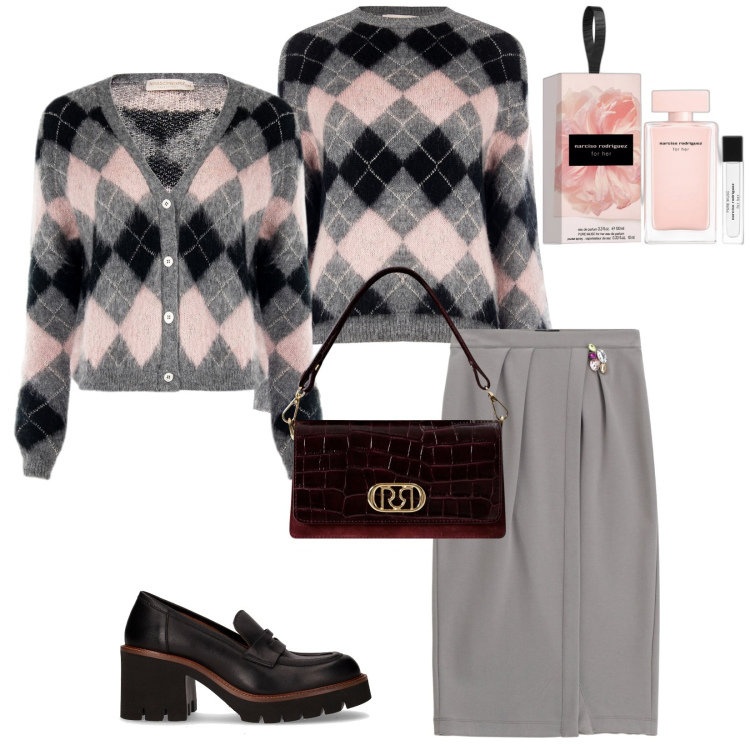 Outfit donna - Total look #2265126. Stile Bon Ton per Ufficio. Abbinamento con profumi, cardigans, maglieria, borse a mano, gonne, décolleté.