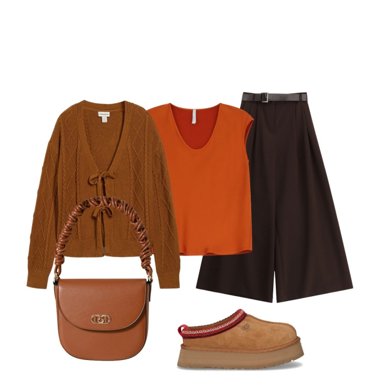 Outfit donna - Arancione autunnale armonia, equilibrio. Stile Casual chic per Tutti i giorni. Abbinamento con cardigans, borse a mano, top, pantaloni a palazzo, stivaletti.