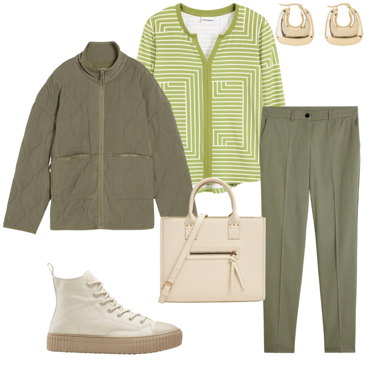 Outfit donna - Total look #2265129. Stile Casual per Tutti i giorni. Abbinamento con pantaloni, giacche, maglieria, sneakers alte, orecchini, shopping bag.