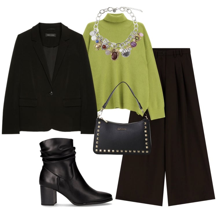 Outfit donna - Total look #2265130. Stile Casual per Ufficio. Abbinamento con pantaloni, pochette, maglieria, braccialetti con ciondoli, stivaletti, blazer.