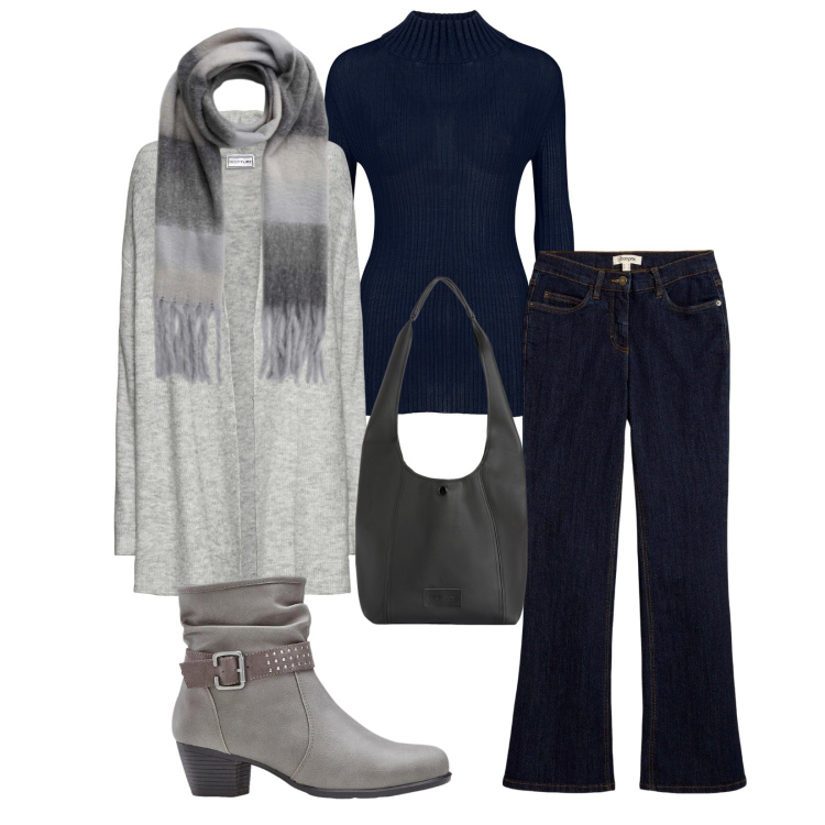 Outfit donna - Total look #2265131. Stile Casual per Tutti i giorni. Abbinamento con cardigans, jeans bootcut, stivaletti, sciarpe, borse a spalla, maglieria.