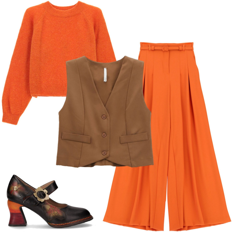 Outfit donna - Arancione a ottobre. Stile Casual per Tutti i giorni. Abbinamento con pantaloni a palazzo, gilet, maglieria, décolleté.