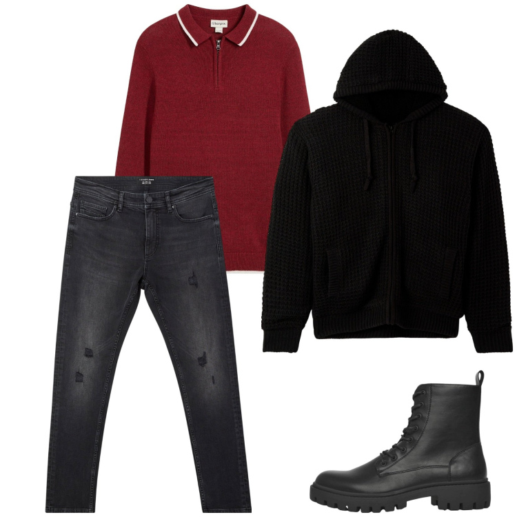 Outfit uomo - Total look #2265137. Stile Trendy per Tutti i giorni. Abbinamento con maglieria, cardigans, jeans strappati, anfibi.