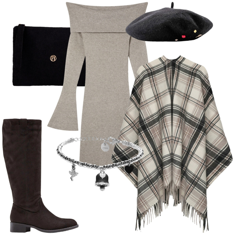 Outfit donna - Serata tra amiche. Stile Sporty chic per Serata fuori. Abbinamento con cappelli e berretti, stivali, vestiti corti, cappotti, braccialetti, valigie.