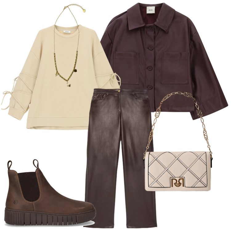 Outfit donna - Passeggiata tra le foglie. Stile Urban per Tutti i giorni. Abbinamento con blazer, felpe, borse a tracolla, ciondoli, stivaletti chelsea, pantaloni.