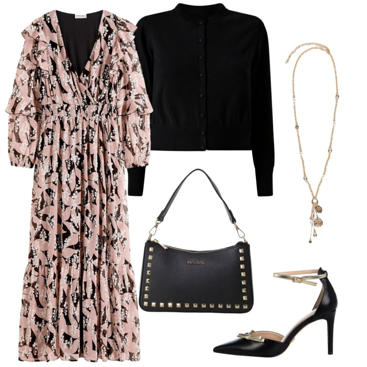 Outfit donna - L\'abito fantasioso. Stile Basic per Serata fuori. Abbinamento con vestiti, décolleté, cardigans, pochette, ciondoli.