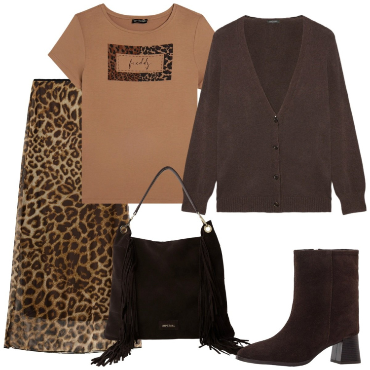 Outfit donna - Pomeriggio animalier. Stile Basic per Serata fuori. Abbinamento con stivaletti, borse a spalla, gonne lunghe, t-shirt, cardigans.