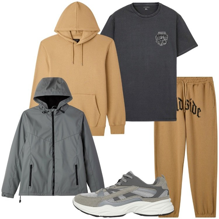 Outfit uomo - Un tocco di cammello. Stile Casual per Tutti i giorni. Abbinamento con pantaloni, t-shirt, sneakers, giacche sportive, felpe con cappuccio.