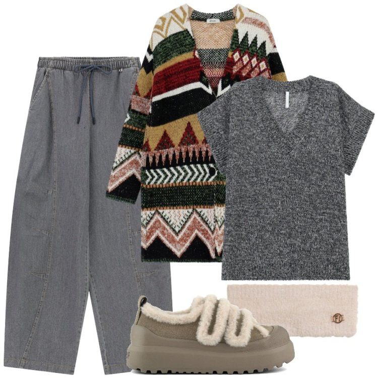 Outfit donna - Passeggiata tra le foglie. Stile Etnico per Tutti i giorni. Abbinamento con maglieria, fasce per capelli, pantaloni a palazzo, cappotti, sneakers.