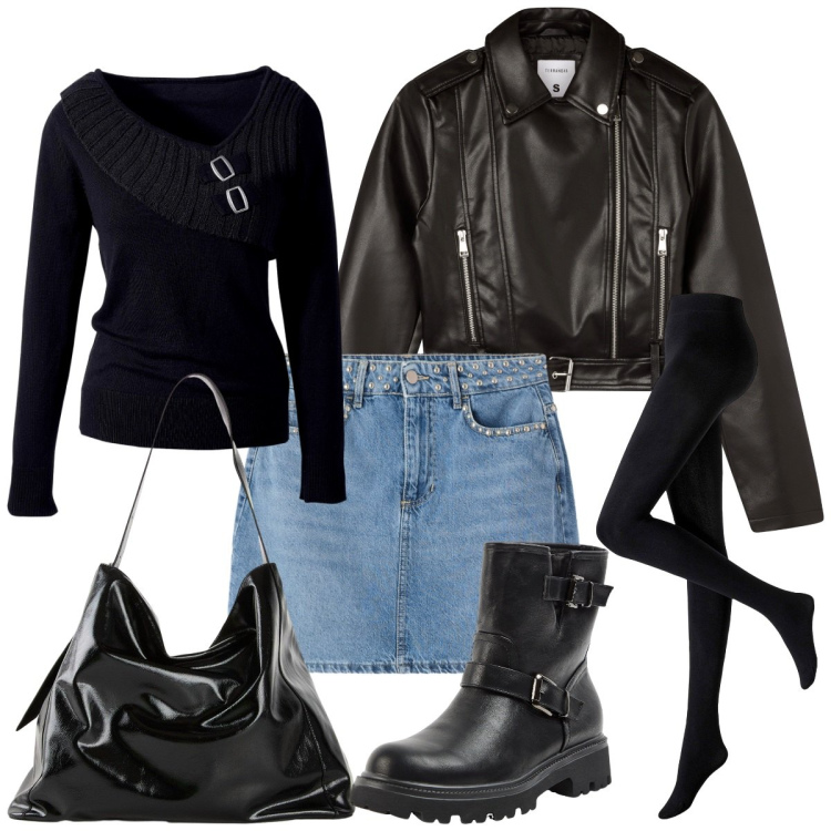 Outfit donna - Il rock che c\'è in me. Stile Rock per Serata fuori. Abbinamento con maglieria, collant, shopping bag, stivaletti, giacche, minigonne.