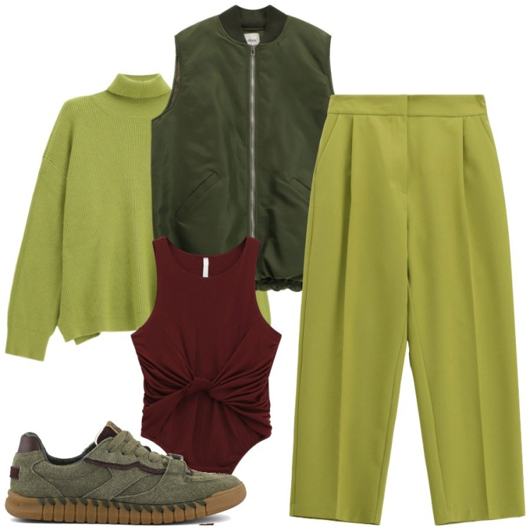 Outfit donna - Passeggiata tra le foglie. Stile Casual per Tutti i giorni. Abbinamento con pantaloni, top, piumini, maglieria, sneakers.