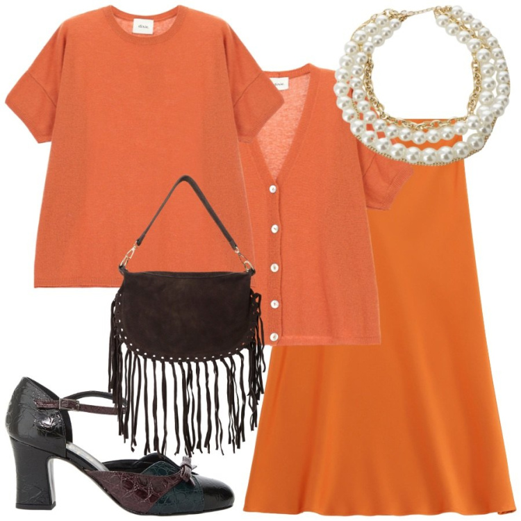 Outfit donna - Arancione a ottobre. Stile Trendy per Ufficio. Abbinamento con gonne longuette, maglieria, décolleté, cardigans, borse a tracolla, collane.