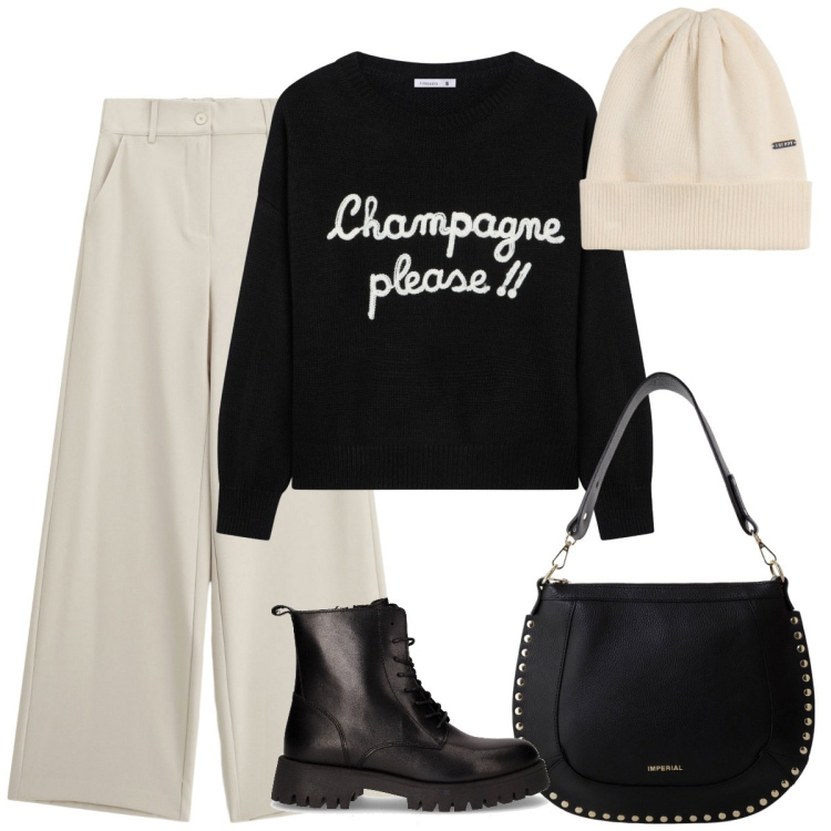 Outfit donna - Un brindisi. Stile Basic per Tutti i giorni. Abbinamento con maglieria, borse a spalla, pantaloni a palazzo, berretti, anfibi.