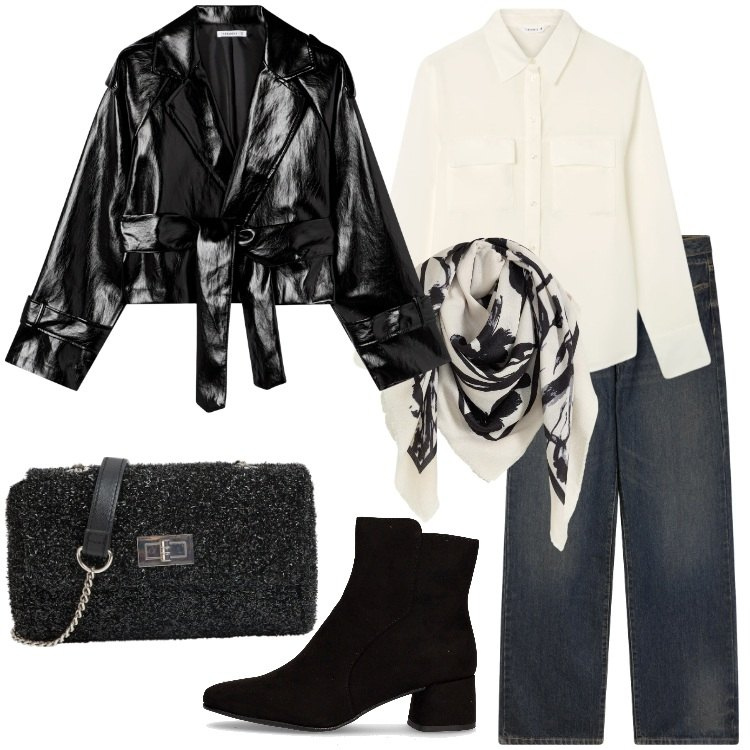 Outfit donna - Serata con gli amici. Stile Trendy per Serata fuori. Abbinamento con foulard, borse a tracolla, camicie, jeans dritti, giacche, stivaletti.