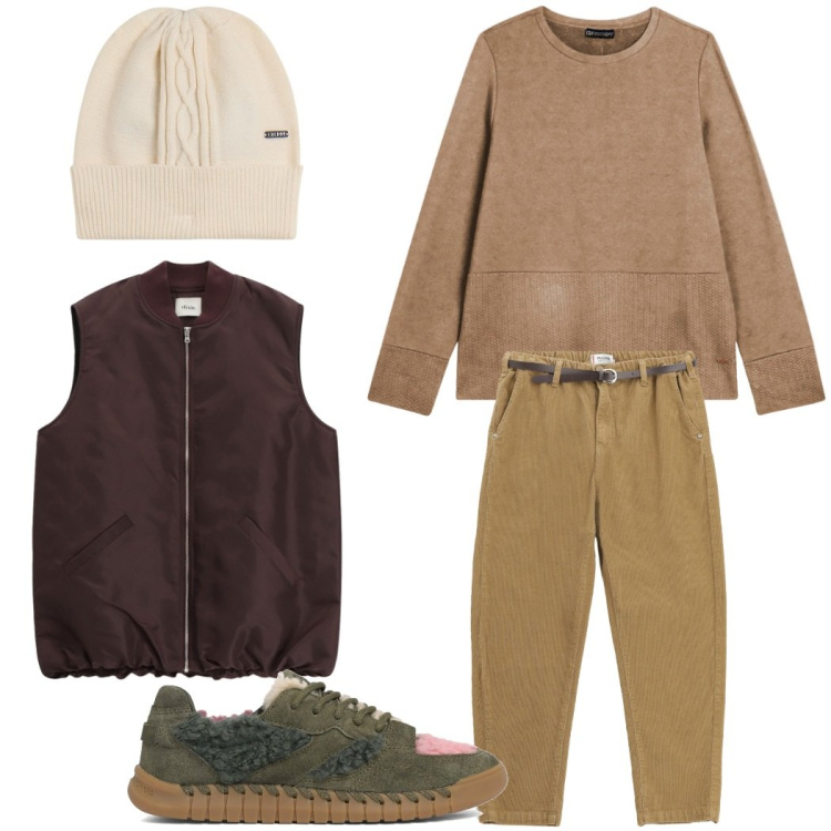 Outfit donna - Giornata al parco in autunno. Stile Casual per Tutti i giorni. Abbinamento con pantaloni chino, berretti, felpe, piumini, sneakers.