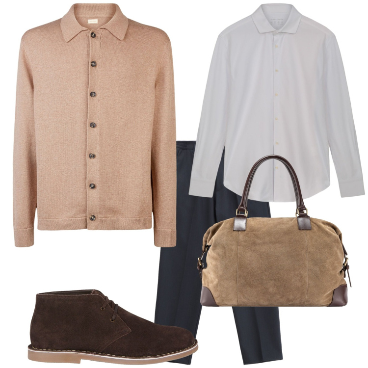 Outfit uomo - Ufficio informale. Stile Trendy per Ufficio. Abbinamento con pantaloni, stivali e stivaletti, borse sportive, polo, camicie.