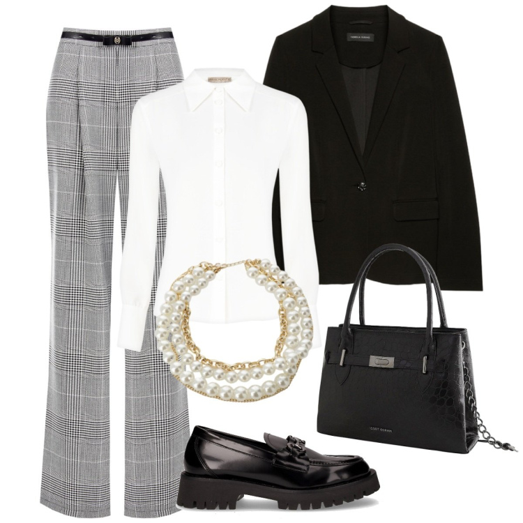 Outfit donna - Ufficio. Stile Bon Ton per Ufficio. Abbinamento con borse a mano, collane, pantaloni, camicie, blazer, mocassini.