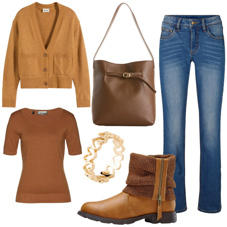 Outfit donna - Total look #2265167. Stile Casual per Scuola/Università. Abbinamento con jeans dritti, cardigans, stivaletti, maglieria, borse a mano, anelli.