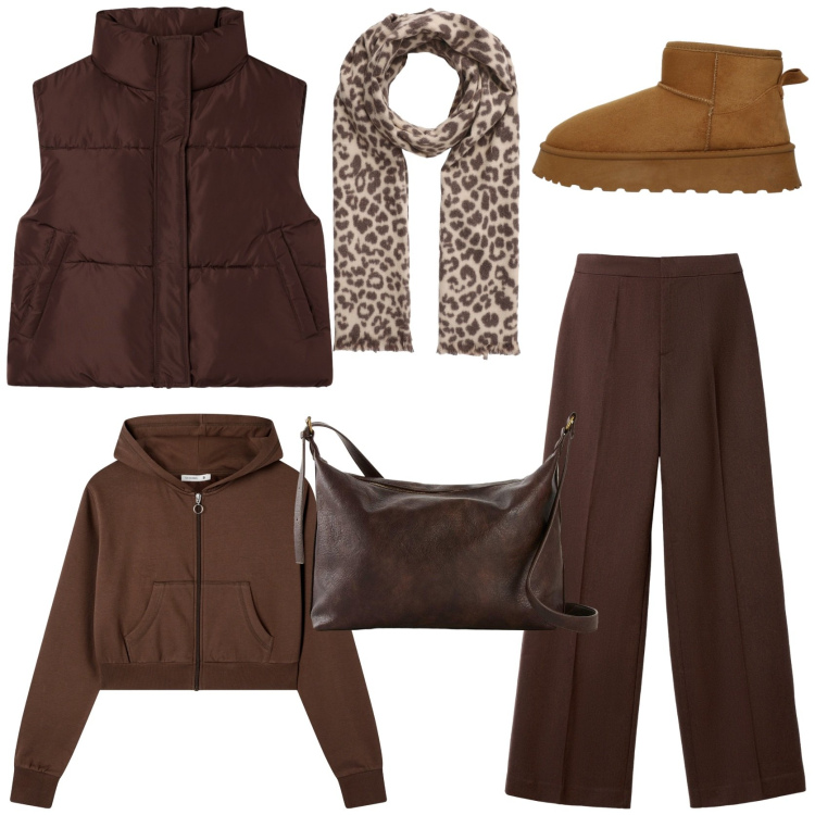 Outfit donna - I colori del bosco. Stile Casual per Tutti i giorni. Abbinamento con borse a tracolla, pantaloni, sciarpe, felpe con cappuccio, piumini, stivali.