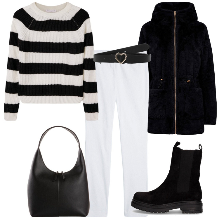 Outfit donna - Black & White. Stile Basic per Tutti i giorni. Abbinamento con ecopellicce, pantaloni, shopping bag, cinture, maglieria, stivaletti chelsea.