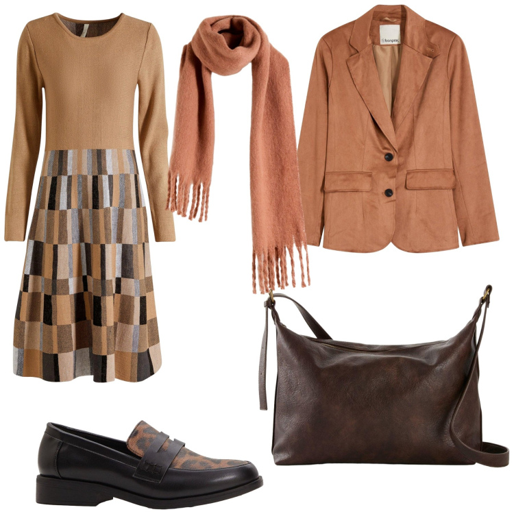Outfit donna - Total look #2265172. Stile Casual per Scuola/Università. Abbinamento con vestiti, borse a tracolla, mocassini, sciarpe, blazer.