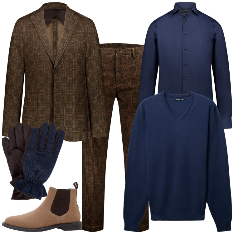 Outfit uomo - Meeting fuori sede. Stile Business/Elegante per Ufficio. Abbinamento con stivali e stivaletti, maglieria, camicie, pantaloni, giacche, guanti.