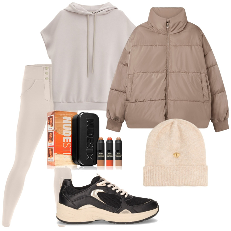 Outfit donna - Passeggiando in autunno. Stile Trendy per Tutti i giorni. Abbinamento con terre, bomber, pantaloni skinny, berretti, felpe con cappuccio, sneakers.