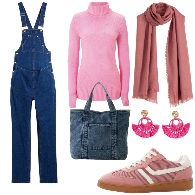 Outfit donna - Total look #2265175. Stile Casual per Tutti i giorni. Abbinamento con salopette, maglieria, shopping bag, sneakers, sciarpe, orecchini.