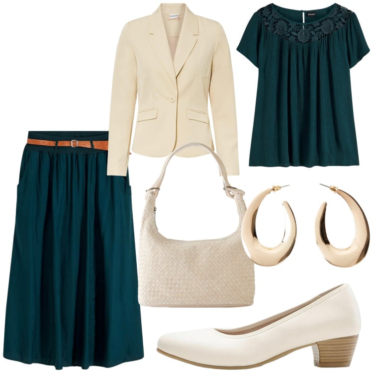 Outfit donna - Total look #2265177. Stile Casual per Tutti i giorni. Abbinamento con gonne lunghe, blazer, bluse, décolleté, orecchini, shopping bag.