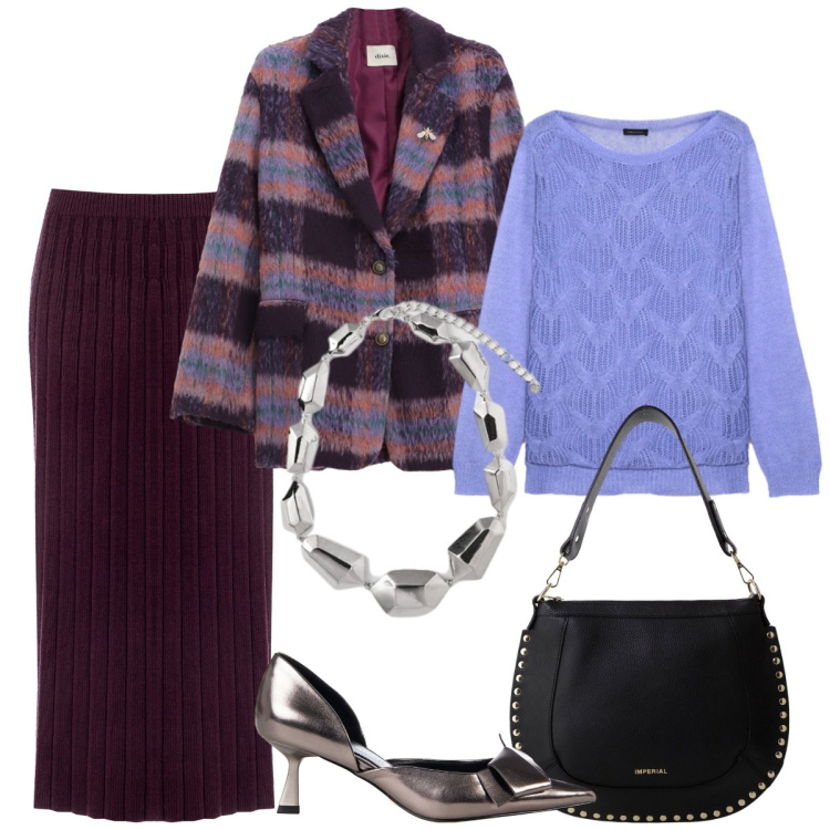 Outfit donna - Sofisticata. Stile Basic per Serata fuori. Abbinamento con décolleté, gonne longuette, borse a spalla, blazer, ciondoli, maglieria.