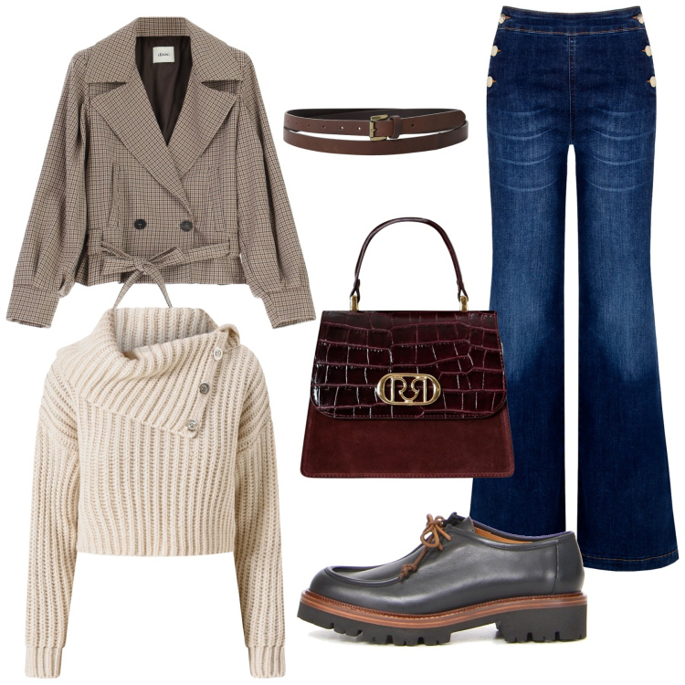 Outfit donna - Total look #2265179. Stile Casual chic per Tutti i giorni. Abbinamento con cinture, giacche, jeans, maglieria, borse a mano, mocassini.